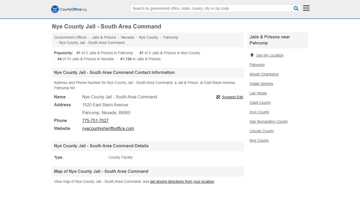 Nye County Jail - South Area Command - Pahrump, NV ...